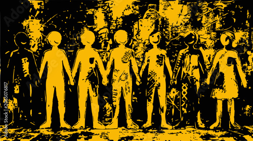 Diverse children holding hands, unity and childhood concept, graphic illustration