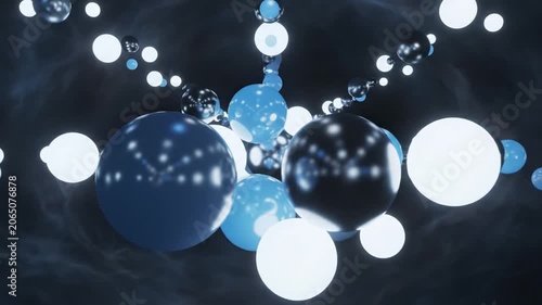Digital network of glowing blue and white spheres in dark space