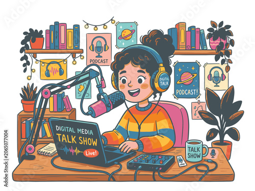 Female podcaster broadcasting digital media talk show from home studio