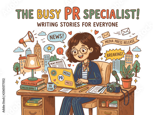 Female public relations specialist typing media press release