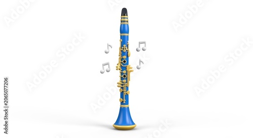 Blue and gold clarinet with music notes on white.