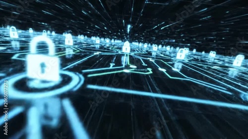 Digital padlocks on glowing circuit board for network security concept