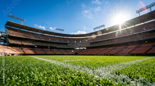 American football stadium with green field and empty seats soccer background