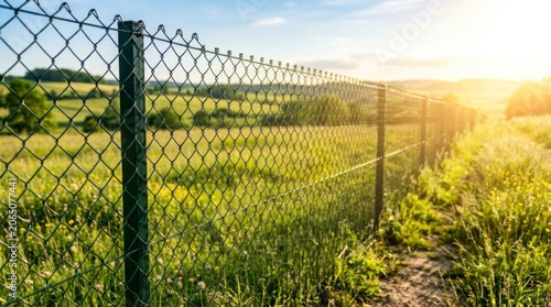 Chain link fence in a green field at sunset soccer background