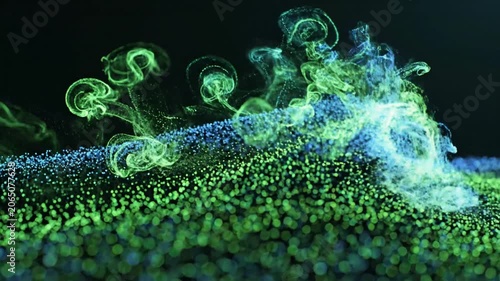 Digital wave of blue and green glowing particles on dark background
