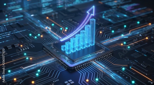 Futuristic Artificial Intelligence Data Processing Concept Featuring a Rising Growth Graph on a Digital Circuit Board