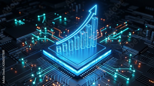 Glowing Digital Bar Graph Rising From Futuristic Computer Processor Chip Representing Technological Growth and Data Analysis Success