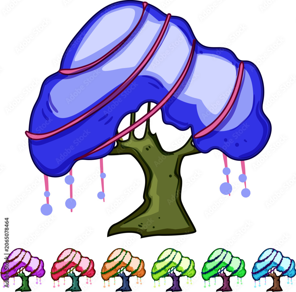 Naklejka premium Fantasy tree with flowing light blue canopy, purple accents and glowing orbs, evoking an enchanted, whimsical forest scene perfect for fairytale, game or children's art