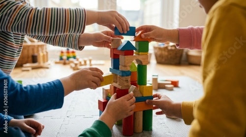 Children Building Tower with Colorful Wooden Blocks in Kindergarten Classroom