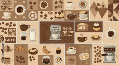 Coffee themed seamless pattern with cups and beans.