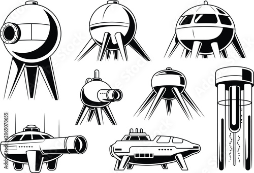 Line Art Robots and Drones Illustration Collection Black and White Sketch Style