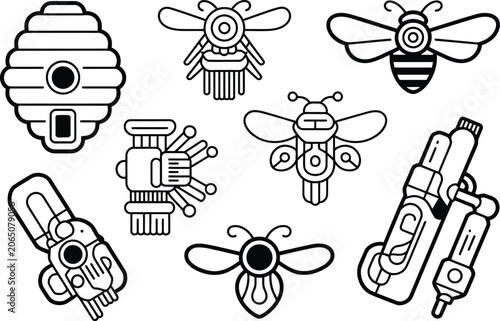 Hand Drawn Insect Collection Sketch with Bees and Wasps in Black and White Line Art