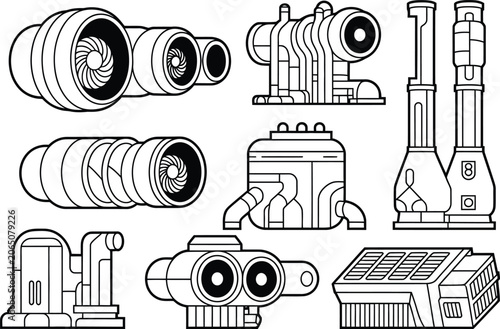 Detailed Mechanical Parts Blueprint Illustration in Black and White Line Art Style