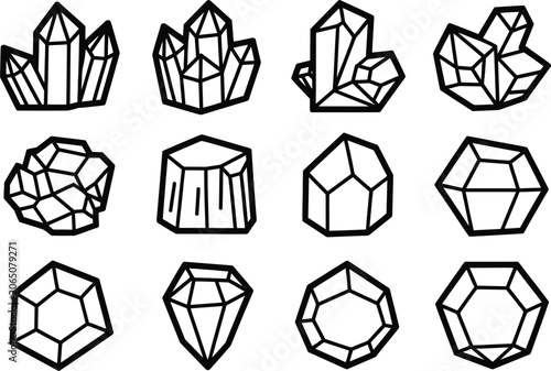 Line Art Geometric Gemstone Shapes Collection Black White Illustration