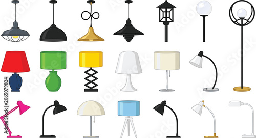 Tableau sur toile Modern interior lighting lamps vector illustration collection featuring ceiling pendant fixtures office desk lamps bedside table lamps and outdoor street lanterns isolated on white background