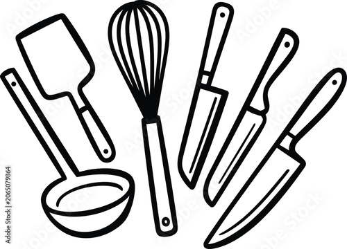 Line Drawing Kitchen Utensils Set Black and White Minimalist Illustration