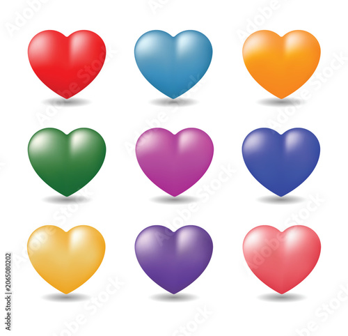 Set of colorful glossy 3d heart icons in multiple colors including red, blue, orange, green, pink, purple, gold, and yellow