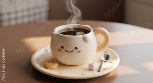 Cute bear face coffee cup with steam and cookies.