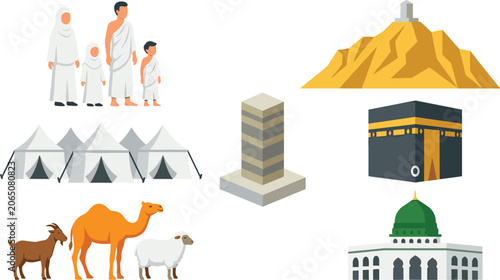 Photos Islamic Hajj pilgrimage flat vector illustration collection with Kaaba holy mosque Mount Arafat pilgrim family tents Jamarat pillar and animals isolated on white background