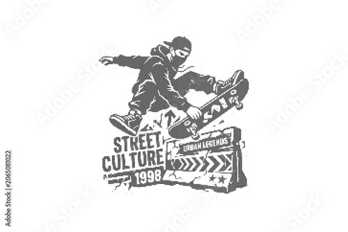 Foto Street culture sticker with skateboarder performing trick on urban legend box