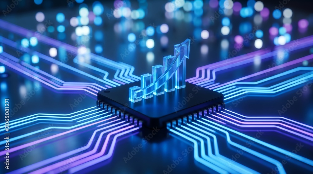 Fototapeta premium Dynamic visual of a microchip fostering digital growth, illuminated by intricate circuit lines, symbolizing data analysis, technological progress, and future innovation
