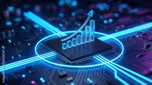 Digital growth concept on circuit board with glowing microchip, rising bar graph, and upward arrow representing technological financial success