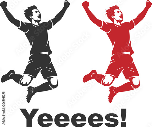 Canvas Print Two soccer players celebrating with arms raised and the word yeeees