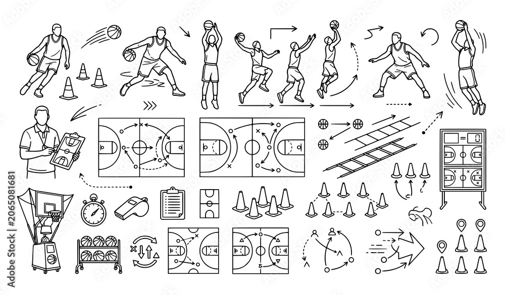 Fototapeta premium Basketball training drills and strategies illustration set