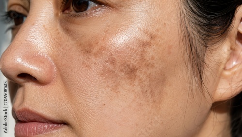Close up of woman face with uneven skin tone and dark spots on cheek in natural light