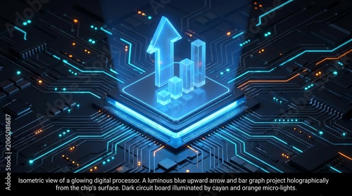 Isometric view of a glowing digital processor with futuristic blue holographic bar chart and arrow indicating financial growth