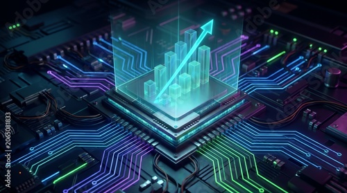 Digital graph with rising arrow overlaid on a glowing circuit board, symbolizing technological growth and data analysis
