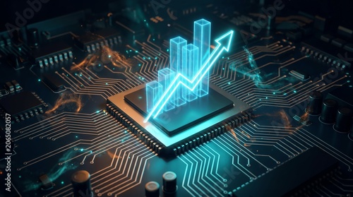 Photorealistic circuit board with a glowing neon blue financial growth bar chart and upward arrow on a microchip processor