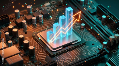 Digital Transformation and Growth A Photorealistic Motherboard with a Central Growth Chart
