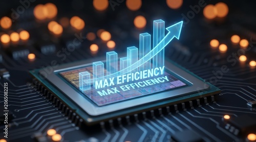 Maximum efficiency server performance spike featuring a glowing blue growth chart on a microchip processor for digital optimization