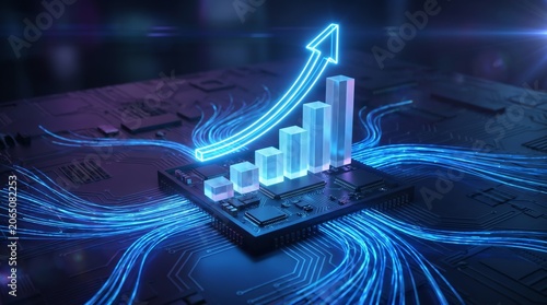 Futuristic Digital Growth Visualization with Glowing Blue Arrow and Data Charts on a High-Tech Circuit Board Background