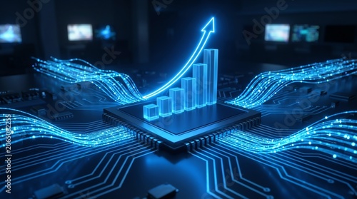 Futuristic digital bar chart on a glowing microchip representing tech-driven success and financial growth in a high-tech data environment