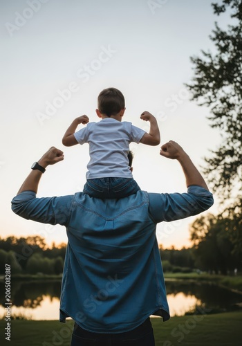 Strong Father and Son Flexing Muscles Together Outdoors at Sunset, Boy Sitting on Dad's Shoulders
