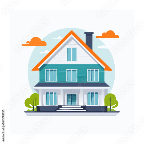 Flat design illustration of a modern house with trees and clouds