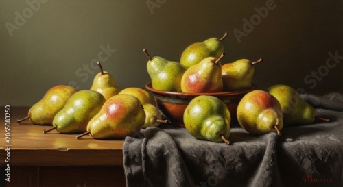 Fresh green pears on rustic table with dark cloth.