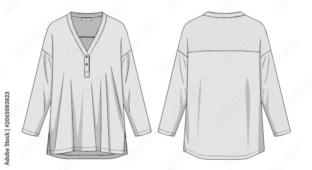 Naklejka premium Women's Long Sleeve Henley Tunic Shirt Technical Flat Sketch with V-neck and Front Buttons Fashion Template