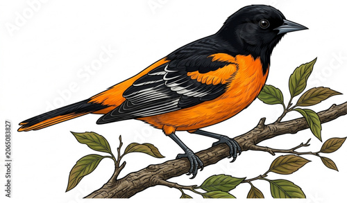 Canvas Print Baltimore oriole bird perched on branch vector illustration isolated on white ba
