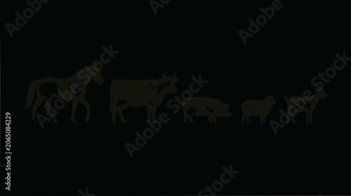 Farm Animals Silhouettes: Horse, Cow, Pig, Sheep, Goat on Black Background