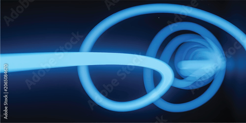 Abstract blue glowing ribbons intertwining with light trails on dark background