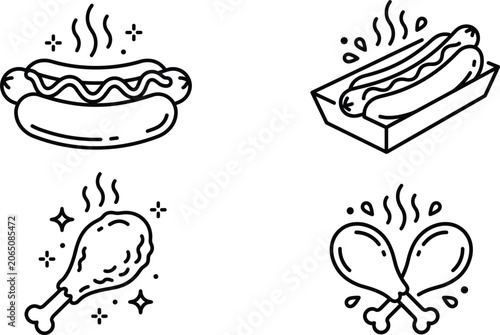 Canvastavla Fast Food Icon Set with Hot Dog Fried Chicken Drumstick and Mustard Line Art