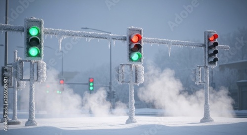 Icy traffic lights on a snowy road with cold mist