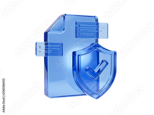 Certified Document Protection Verification Security Shield Liquid Glass 3D rendering icon isolated on transparent background