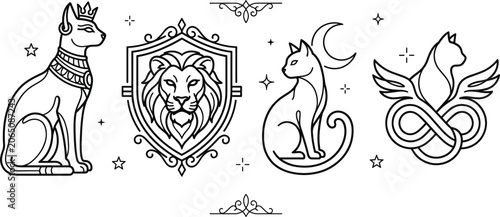 Fotografía Mystical Cat Logo Icon Set with Egyptian Bastet Lion Shield and Winged Infinity