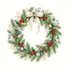 Elegant watercolor Christmas wreath featuring evergreen branches, holly berries, eucalyptus leaves, pine cones and a white ribbon bow isolated on white background.