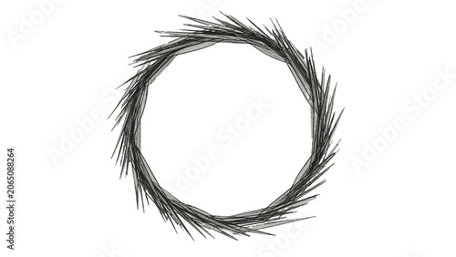 Foto Textured circular frame made of spiky black lines, resembling an abstract thorny wreath or sun symbol on isolated white background