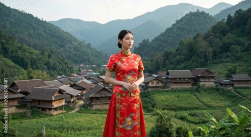 Woman in red dress gazes over village nestled in mountains